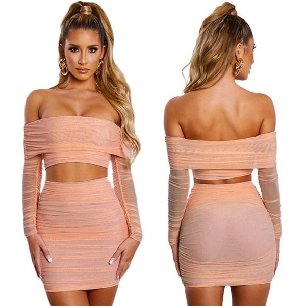 

women's tracksuits off shoulder 2 piece set crop and skirt backless club party women bodycon female outfits, Gray