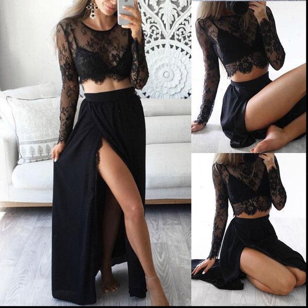 

2 pcs summer beach women tracksuits evening party sets transparent lace hollow long sleeve crop black maxi split, Gray