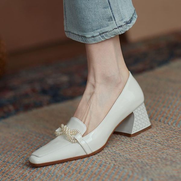

string bead square toe real genuine leather women heels shoes white comfortable fashion women's high heel dress, Black
