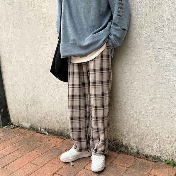 

spring summer plaid vintage bottoms women pants korean casual clothing drawstring wide leg straight loose check trousers, Black