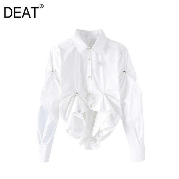 

[deat] spring fashion turn-down collar long sleeve beading white single-breasted irregular shirt women 13c512 210527