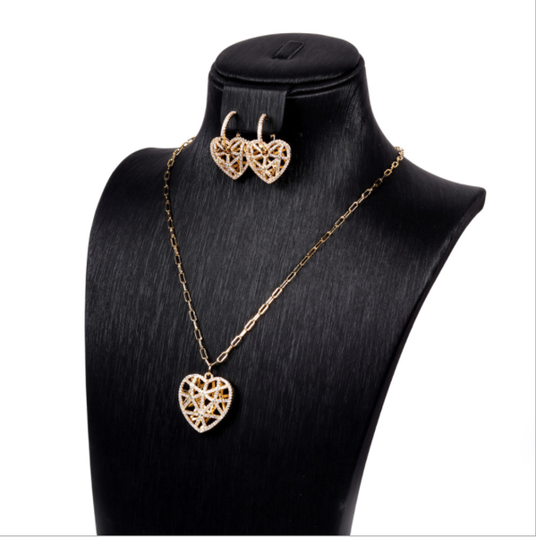 

earrings & necklace creative fashion hollow crystal zircon love heart and earring set, Silver