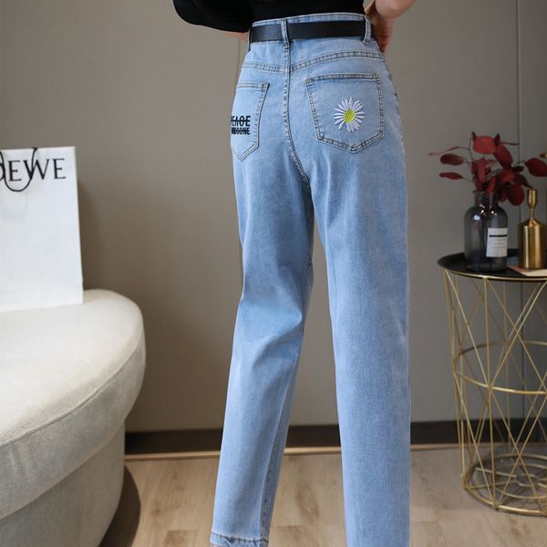 

printed lqxlsa torn denim with a standard for ripped high-waisted up to women's daisy print pants, Blue