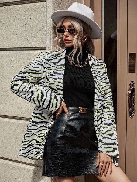 

allover print lapel neck blazer 97i3#, White;black