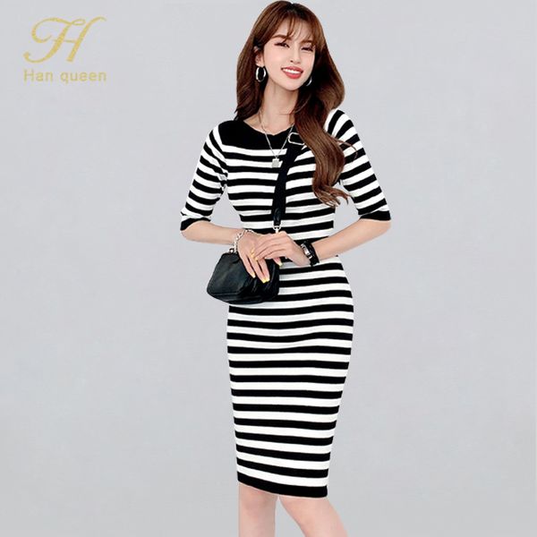 

h han queen vintage striped autumn dresses women knitted pencil dress elegant korean simple o-neck bodycon work office vestidos, Black;gray