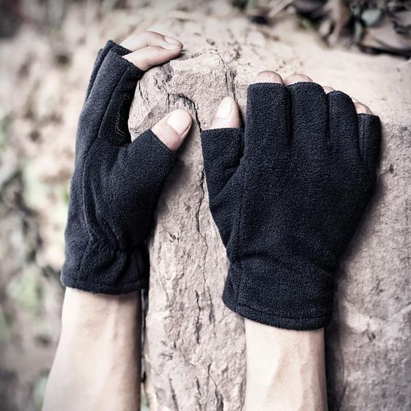 

five fingers gloves men' polar- tleece half-tinger men and women winter outdoor black solid color for, Blue;gray