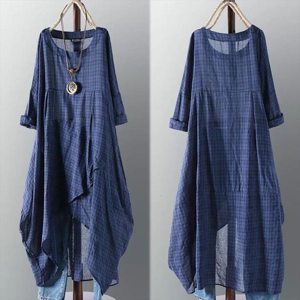 

vintage check asymmetrical sundress women dress zanzea casual long sleeve midi vestidos female o neck robe plus size 5xl, Black;gray