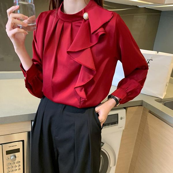 

women's blouses & shirts coigarsam blouse women autumn 2021 ruffles full sleeve chiffon stand neck blusas womens and, White