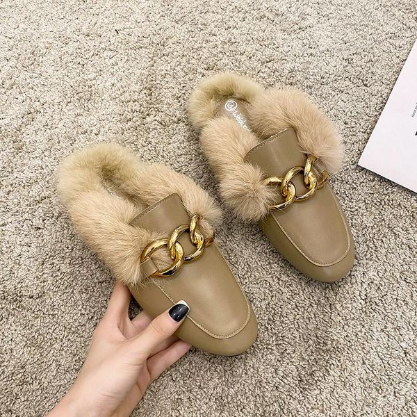 

slippers autumn and winter women's fashion chain plush plus velvet warm flat outdoor non-slip muller, Black