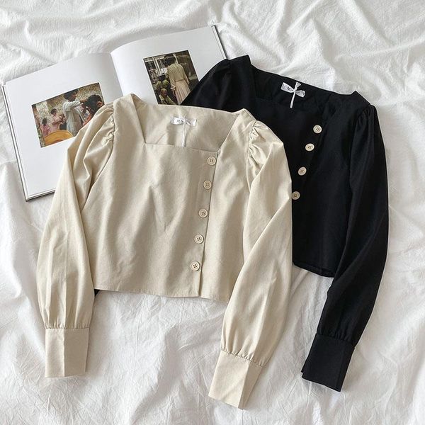 

women's blouses & shirts vintage black women solid square collar button puff sleeved short empired elegant female pulls outwear, White