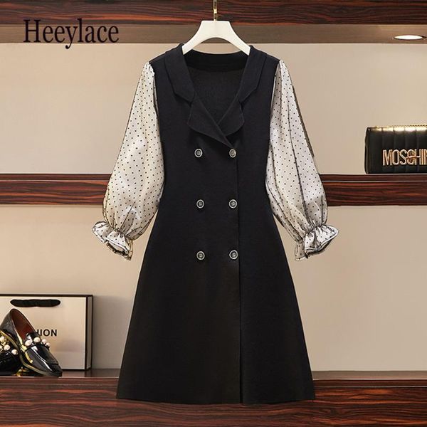 

casual dresses 2021 autumn korean style high waist knitted women temperament double-breasted black suit dress vestidos plus size, Black;gray