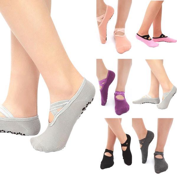 

women's cotton yoga socks round toe non-slip halter cross dance ankle support, Blue;black