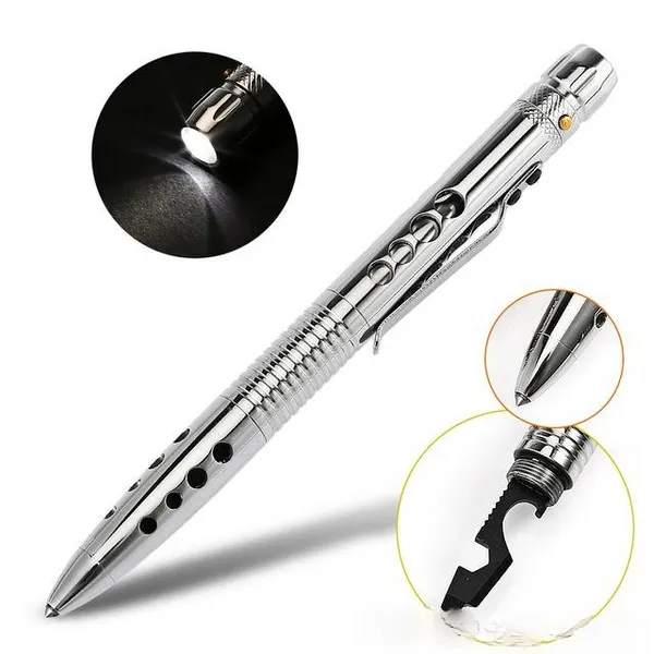 Selbstverteidigung Taktischer Stift EDC Edelstahl LED Taschenlampe Überlebenswerkzeug mit Messersäge Wolframkopf Flaschenöffner HW540