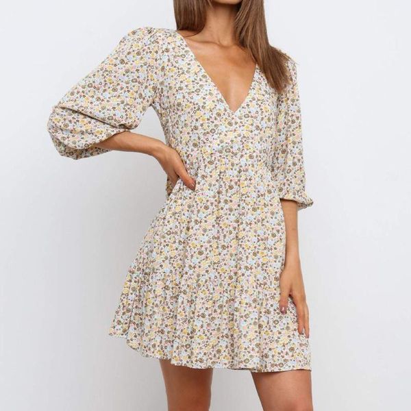 

casual dresses autumn women fashion women's printed flower temperament v-neck long sleeve mini dress beachwear vestidos, Black;gray