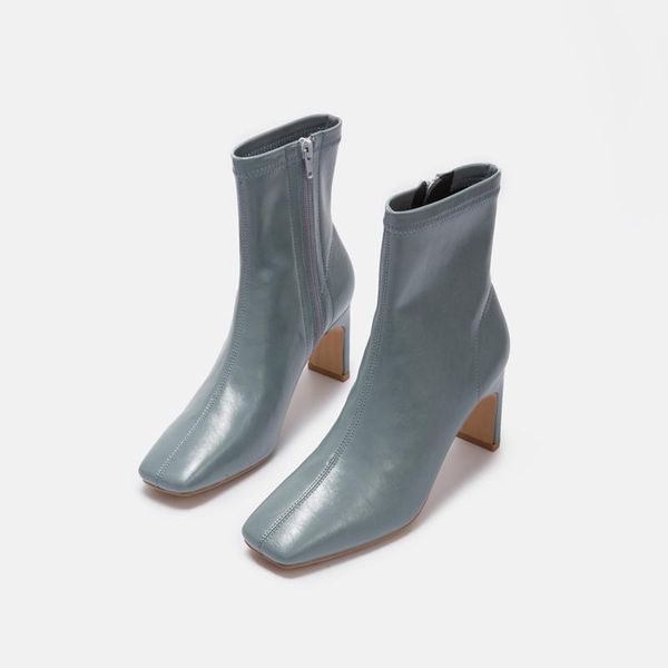 

boots 2021 autumn fashion high heels short women genuine leather thick-heeled female korean square toe ankle booties blue shoes, Black