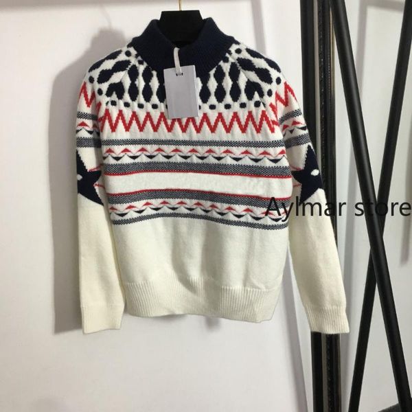 

women's sweaters autumn and winter 2021 vintage pattern jacquard letter wool knitted stand collar long sleeve sweater, White;black