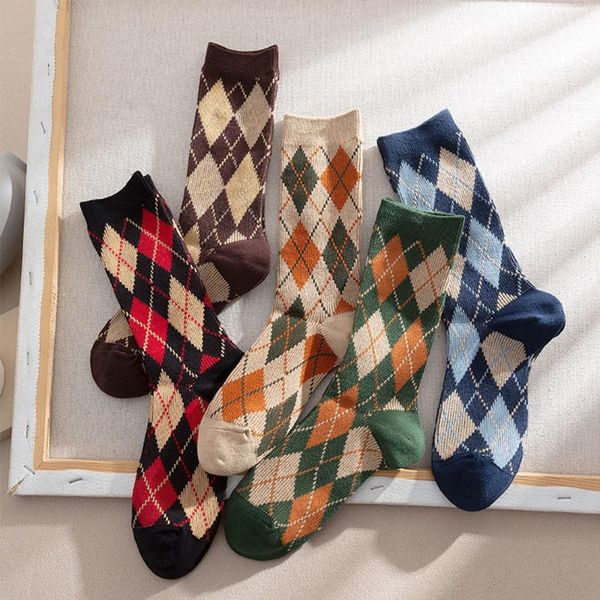 

pair women cotton socks autumn fashion lattice pattern preppy style casual warmer female soft breathable & hosiery, Black;white