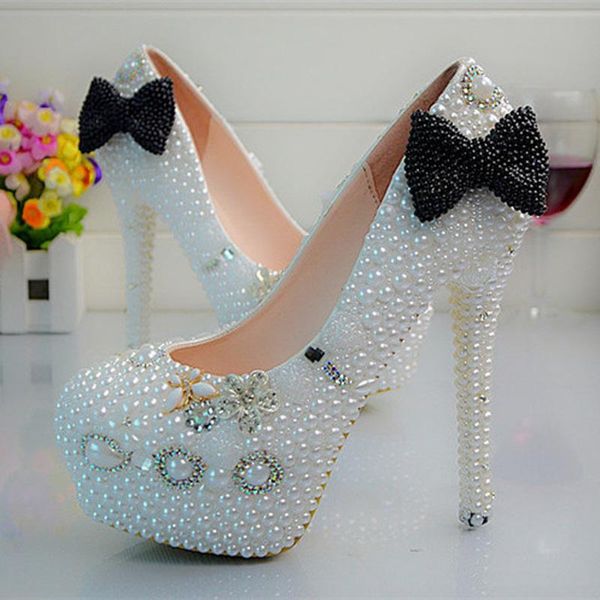 

dress shoes luxurious high heels nightclub prom party pumps white pearl bridesmaid bridal wedding bowtie, Black