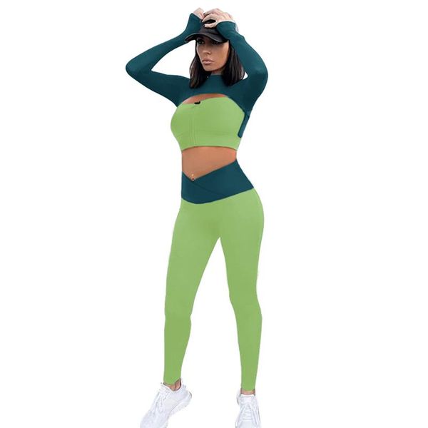 

women's two piece pants contrasting color sports and leisure two-piece suit full sleeve hollow out elastic waist women fitness clothes, White