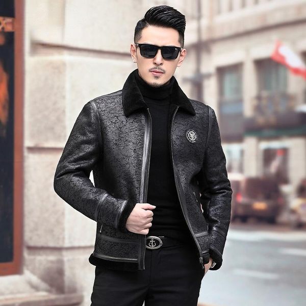 

men's leather & faux 2021 winter 100% wool coat male fashion genunie sheepskin jackets warm thick woolen liner coats casaco masculino g, Black