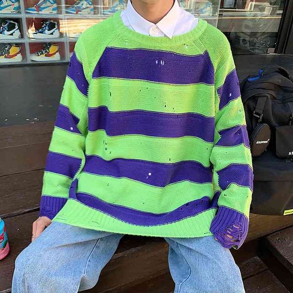 

men's sweaters korean style ripped sweater fashion retro casual striped knitted pullover men wild loose knitting mens clothes pciv, White;black