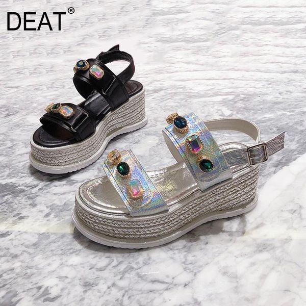 

dress shoes [deat] 2021 spring summer round toe crystal buckle strap burst pu leather platform sandals for women fashion 10i088, Black