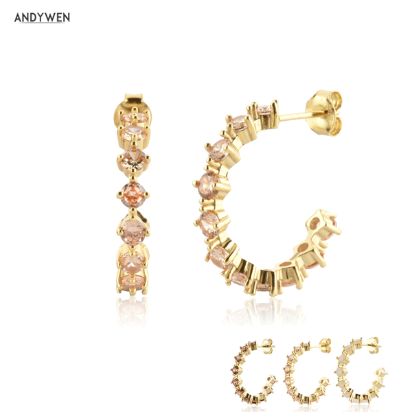 

hoop & huggie andywen 925 sterling silver gold 15mm champagne piercing luxury jewelry clips pendiente fine gift for party crystal, Golden;silver