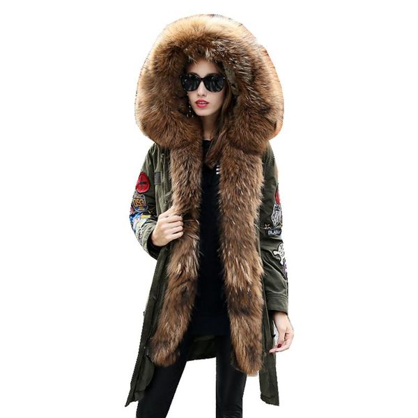 

women's fur & faux parka winter women coats jacket warm long parkas genuine raccoon hoody coat lf4246, Black