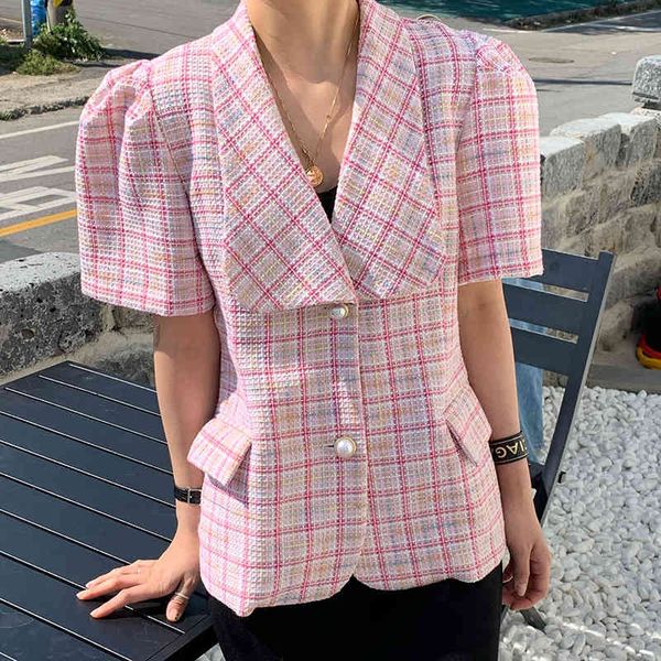 

casual temperament large lapel plaid double pockets pearl two button loose puff sleeve blazer jacket fashion 16f0832 210510, White;black