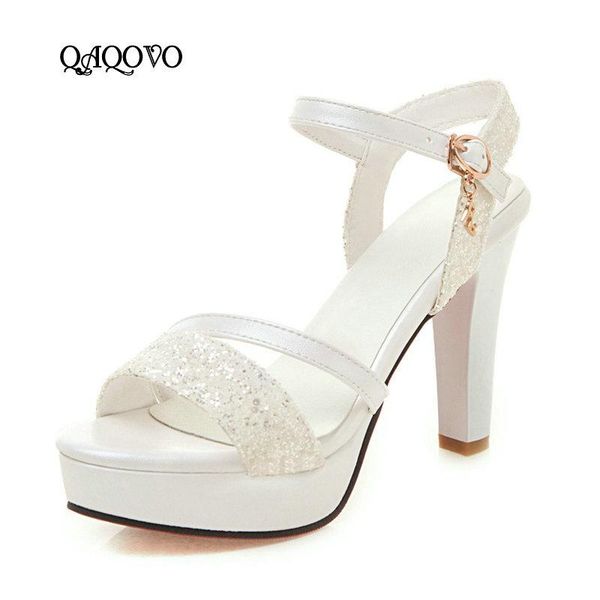 

summer women platform high heels sandals open toe sequined square heel ladies shoes adjustable buckle party, Black