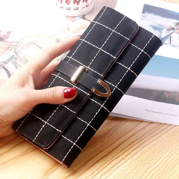 

bag handbag long plaid three fold frosted purse women's 2021 large capacity multi-function banknote clip, Black;red