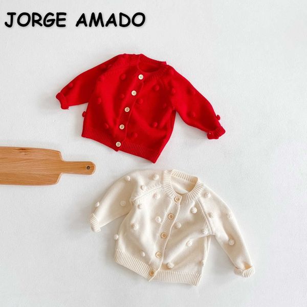 

spring kids girls boys sweater pompom ball red apricot color long sleeve fashion coat children clothes e3032 210610, Blue