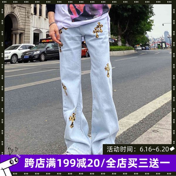 

crosin high street leopard cross embroidered jeans loose flared pants trendy men's and women's hip hop vibe style, White;black