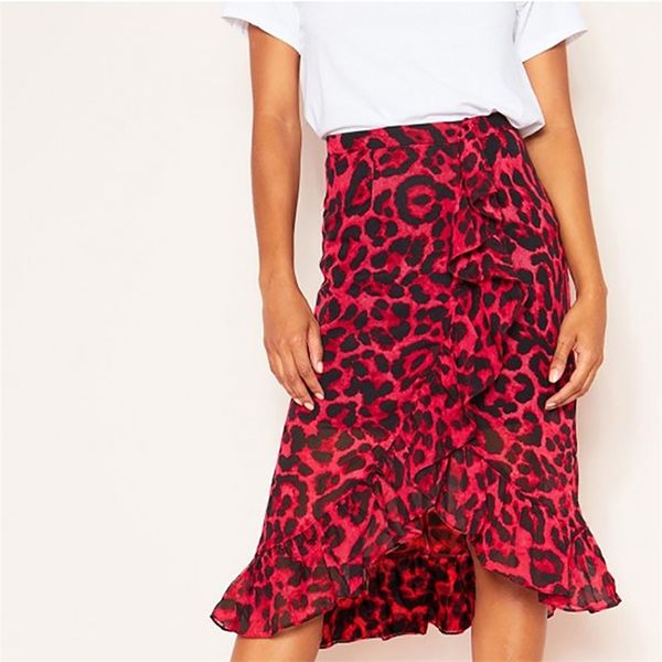 Leopard Langer Rock Frauen Hohe Taille Midi Weibliches Büro Rüschen Tierdruck S Damen Sommer Rot Casual 210607