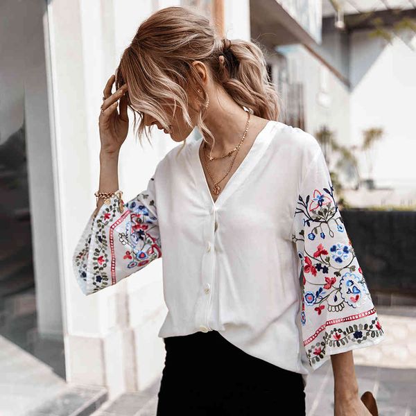 

women's t-shirt fashion flare sleeve women casual cotton embroidery solid short v-neck shirt y5kl, White