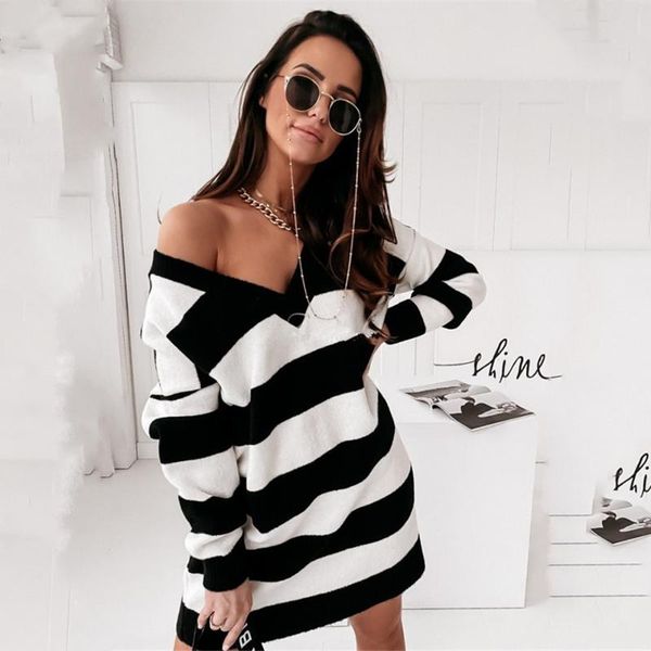 

women's sweaters sweater winter knitted v collar head striped bottom skirt top, White;black