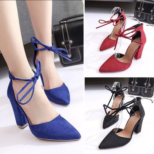 

women shoes spring autumn flock lace-up pionted toe shallow 10cm thick high heels party female sandals pumps plus size, Black
