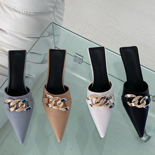 

2021 women slippers fashion chain thin heels slides shoes woman pointed toe female slip on mules casual ladies slippers shoes, Black