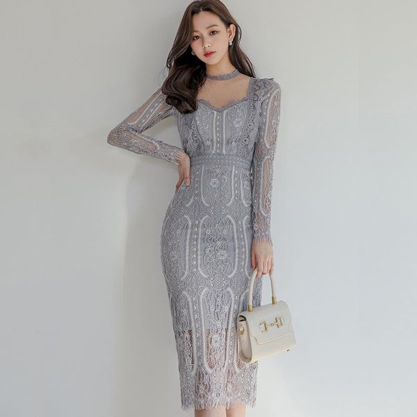 

casual dresses women lace summer mesh patchwork bodycon dress long sleeve corset midi wrap sundress robe spring 2021, Black;gray