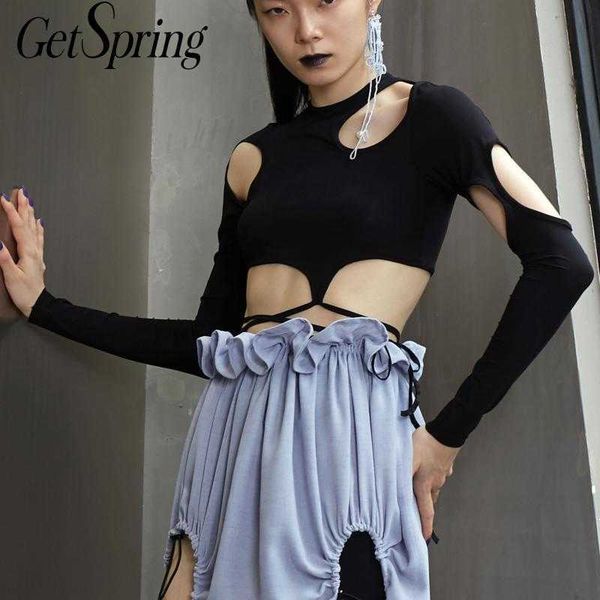 

getspring women t shirt hollow out long sleeve irregular cotton black asymmetry vintage all match shirt 210601, White