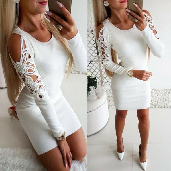 

womens lace knitted jumper dress long sleeve hollow out sweater ladies bodycon casual mini gown dresses, Black;gray