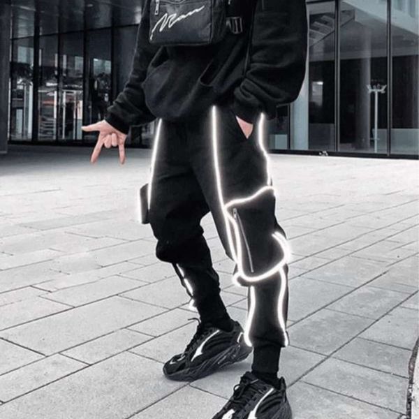 

new 2021 spring street hip hop trend reflective casual sports overalls men's pants, Blue