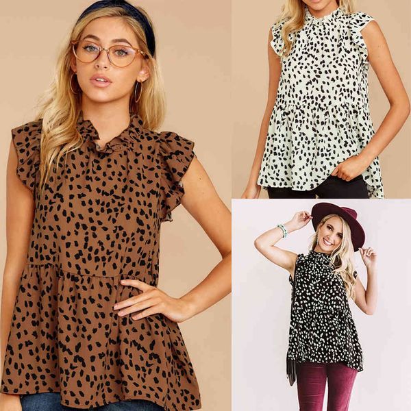 Frauen Bluse Tops Polka Dot Rüschen Plissee Chiffon Shirts Sommer Casual O Hals Ärmellose Rüschen Hemd Süße Weibliche Shirts 210507