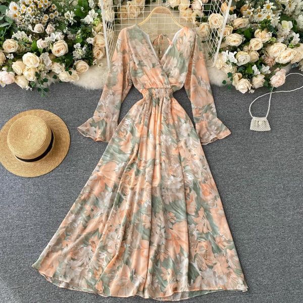 

backless floral dress women vintage flare sleeve deep v elastic ruched dress autumn korean boho print long dress 210419, Black;gray