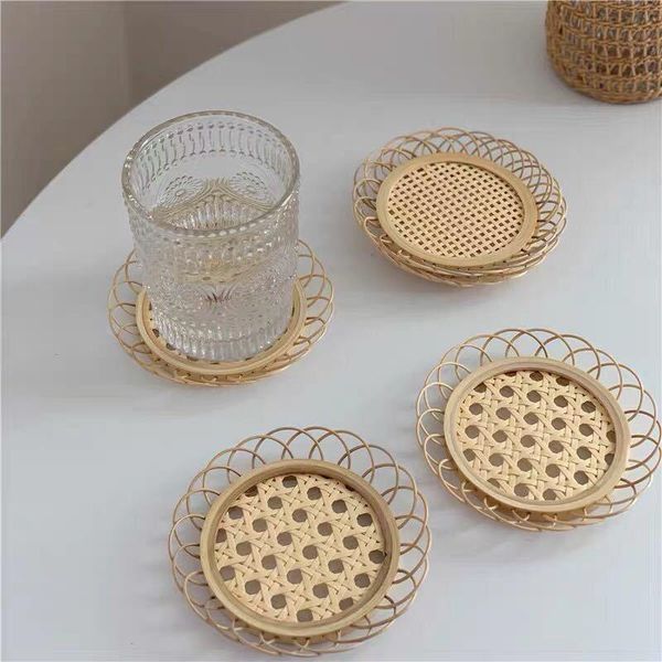 

mats & pads japanese style drink cup mat coasters bamboo woven saucer non-slip pot holder rattan dining table place
