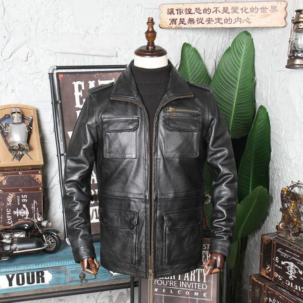 

men's leather & faux 2021 brown russian casual jacket men four pockets plus size 5xl genuine cowhide autumn slim fit safari natural coa, Black