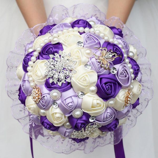 

large purple bridal wedding bouquet pearl bridesmaid artificial flowers buque de noiva diamond bouquets marriage gift w280 decorative & wrea