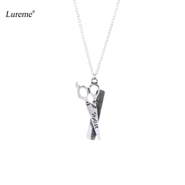 

pendant necklaces lureme fashion hair stylist scissors and comb charm necklace for women men movie jewelry (nl005871), Silver