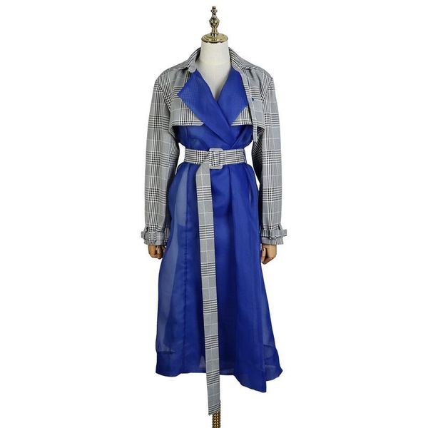 

women's trench coats women transparent organza overcoat adjustable waist fashion plaid patchwork with belt casual loose clothing, Tan;black