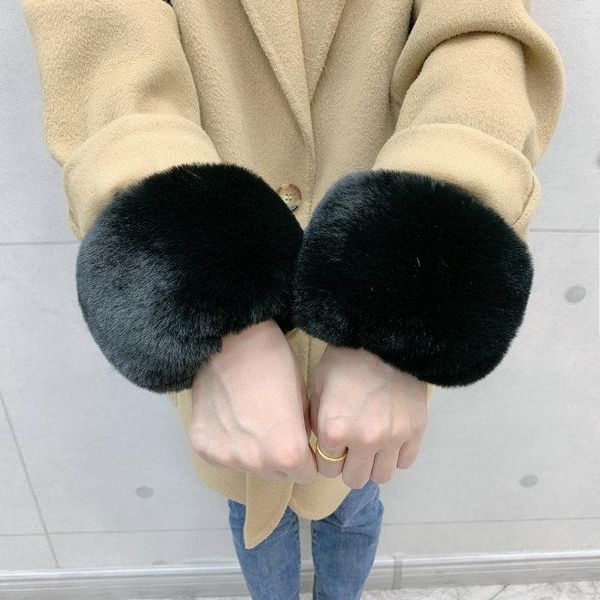 

five fingers gloves 1 pair large cuff fur wrist big sleeve decor winter coat hand ring faux warm oversleeves arm cuffs, Blue;gray